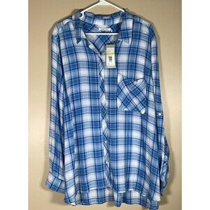 Kenneth Cole Reaction 2X Woman Blue Plaid Lightweight Rayon Collared Blouse NWT